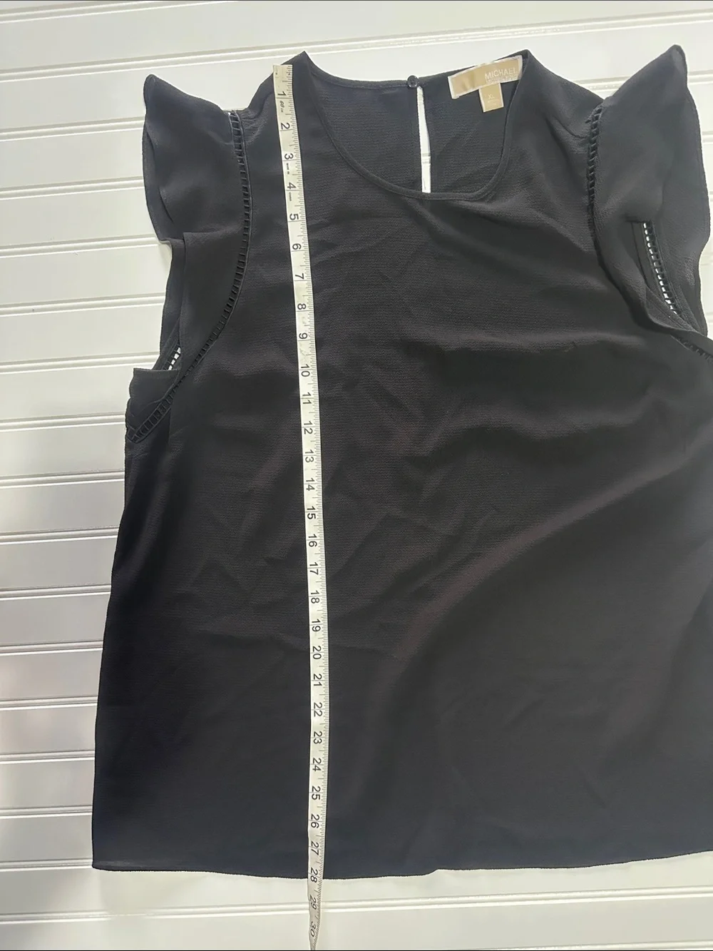 Michael Kors Black Flutter Sleeve Blouse XL Textured Keyhole Back Top